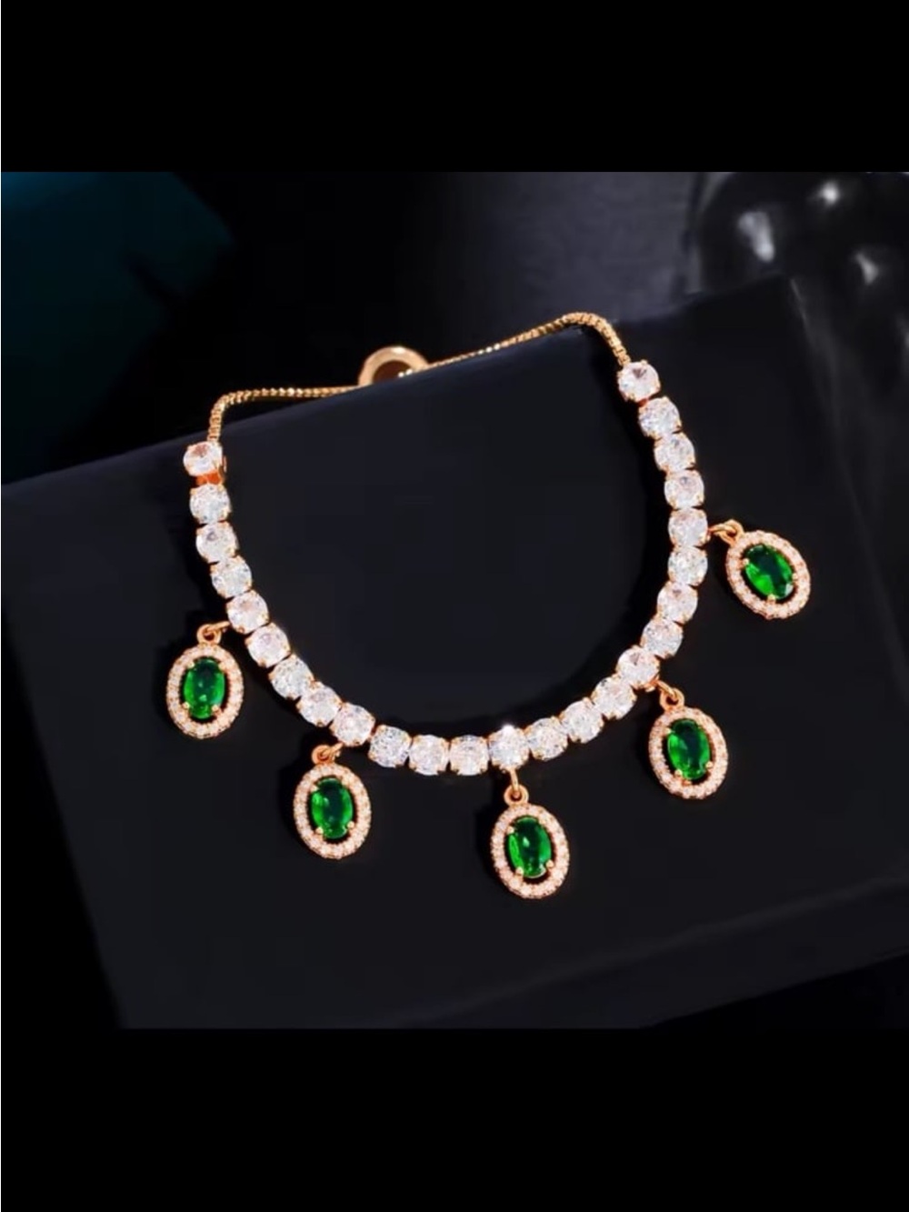 Oval emerald dangle pendants tennis adjustable Rosegold bracelet #494
